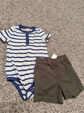Cat & Jack Navy Striped Bodysuit with Olive Green Shorts Kids Matching Set